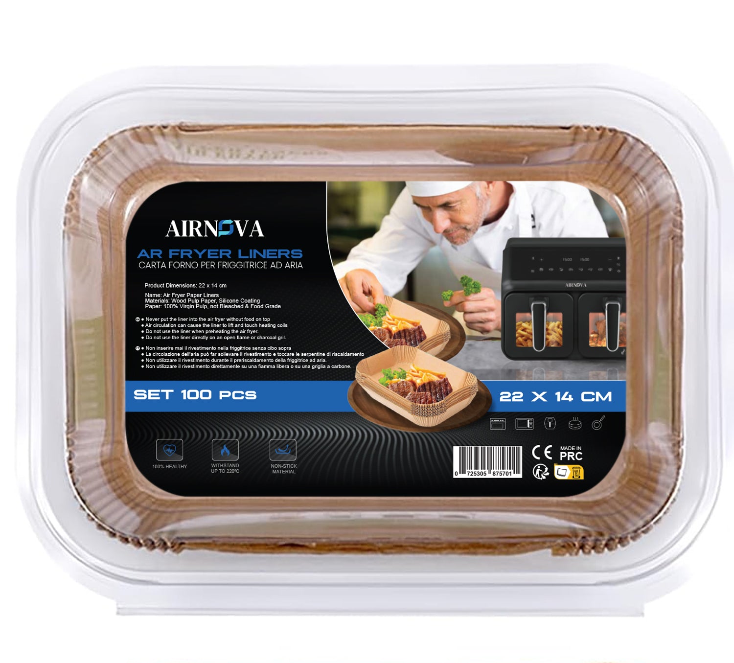 Set di 100 fogli di carta forno per friggitrice ad aria, 22 x 14 x 4,5 cm, marrone