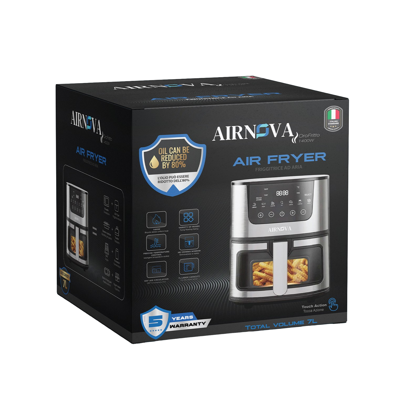 AIRNOVA® OroFritto Friggitrice ad aria 7L, 1400W, friggitrice ad aria calda, nero/acciaio inox