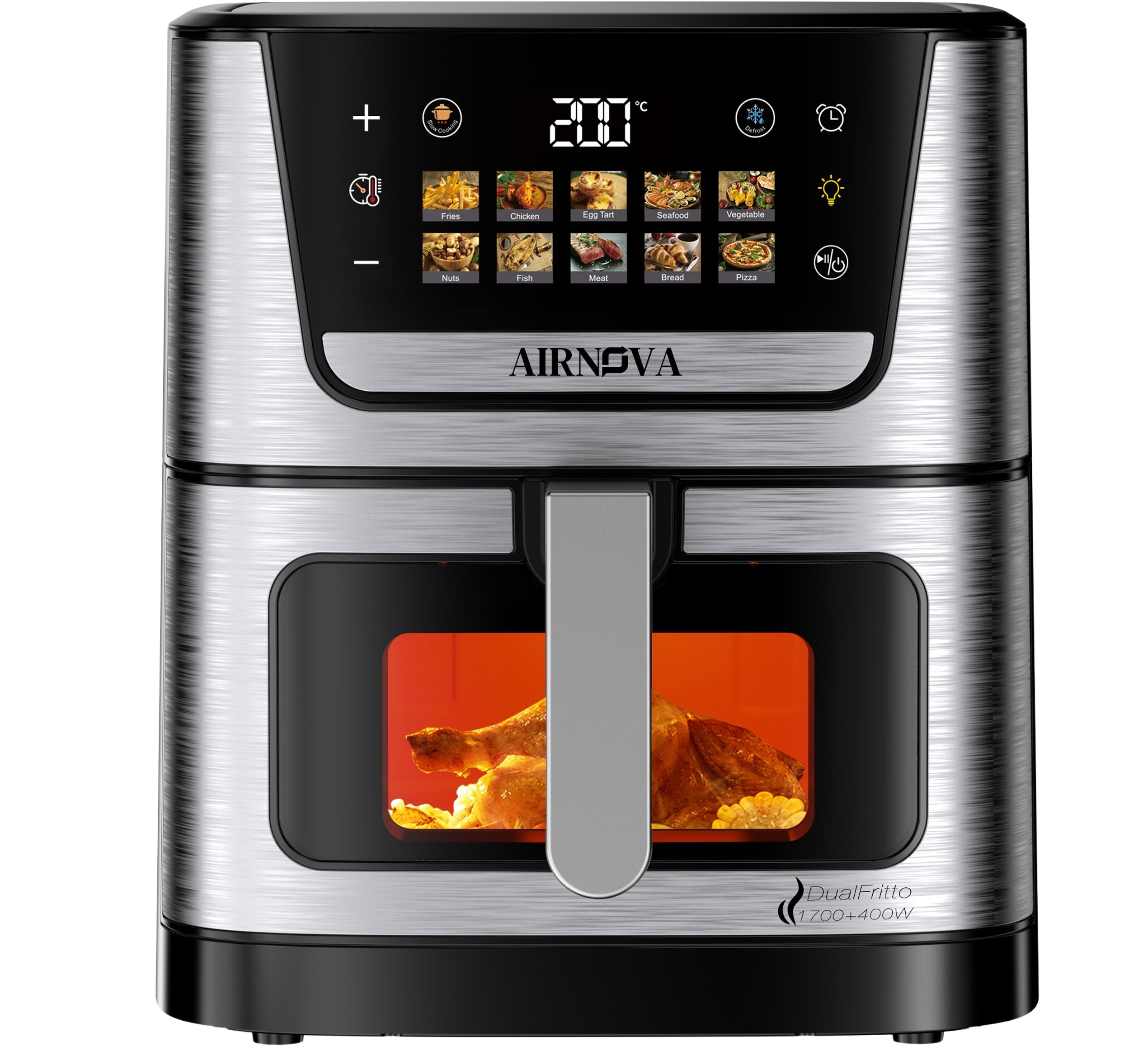 AIRNOVA® DualFritto Friggitrice ad aria 2100W (1700W superiore + 400W inferiore), capacità 9L, friggitrice ad aria calda, display digitale touch diretto, doppio riscaldamento superiore + inferiore, acciaio inox