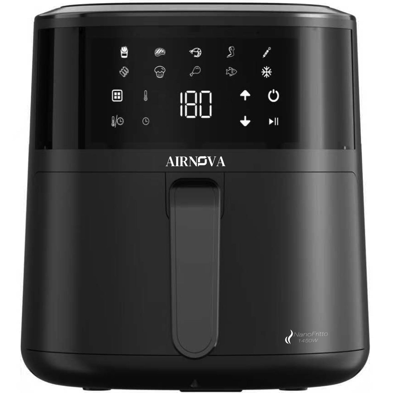 AIRNOVA® NanoFritto Friggitrice ad aria 1450W, capacità 4,8L, friggitrice automatica ad aria calda, 10 programmi preimpostati, controllo digitale, nera