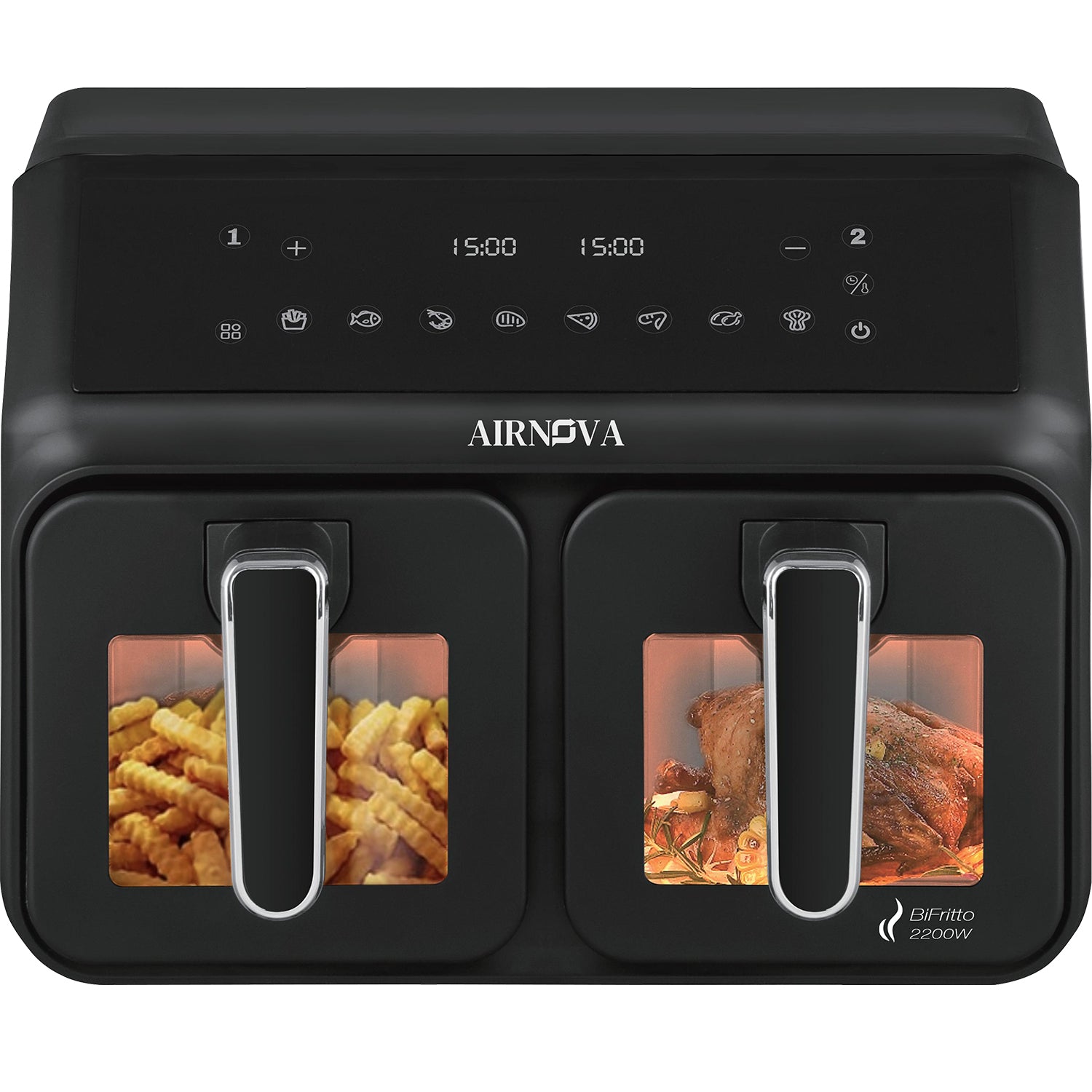 AIRNOVA® BiFritto Friggitrice ad aria 9,4L, 2200W, friggitrice ad aria calda con doppio compartimento, nera
