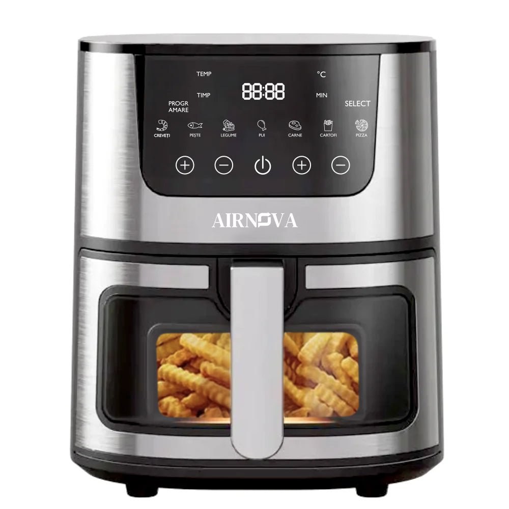 AIRNOVA® OroFritto Friggitrice ad aria 7L, 1400W, friggitrice ad aria calda, nero/acciaio inox