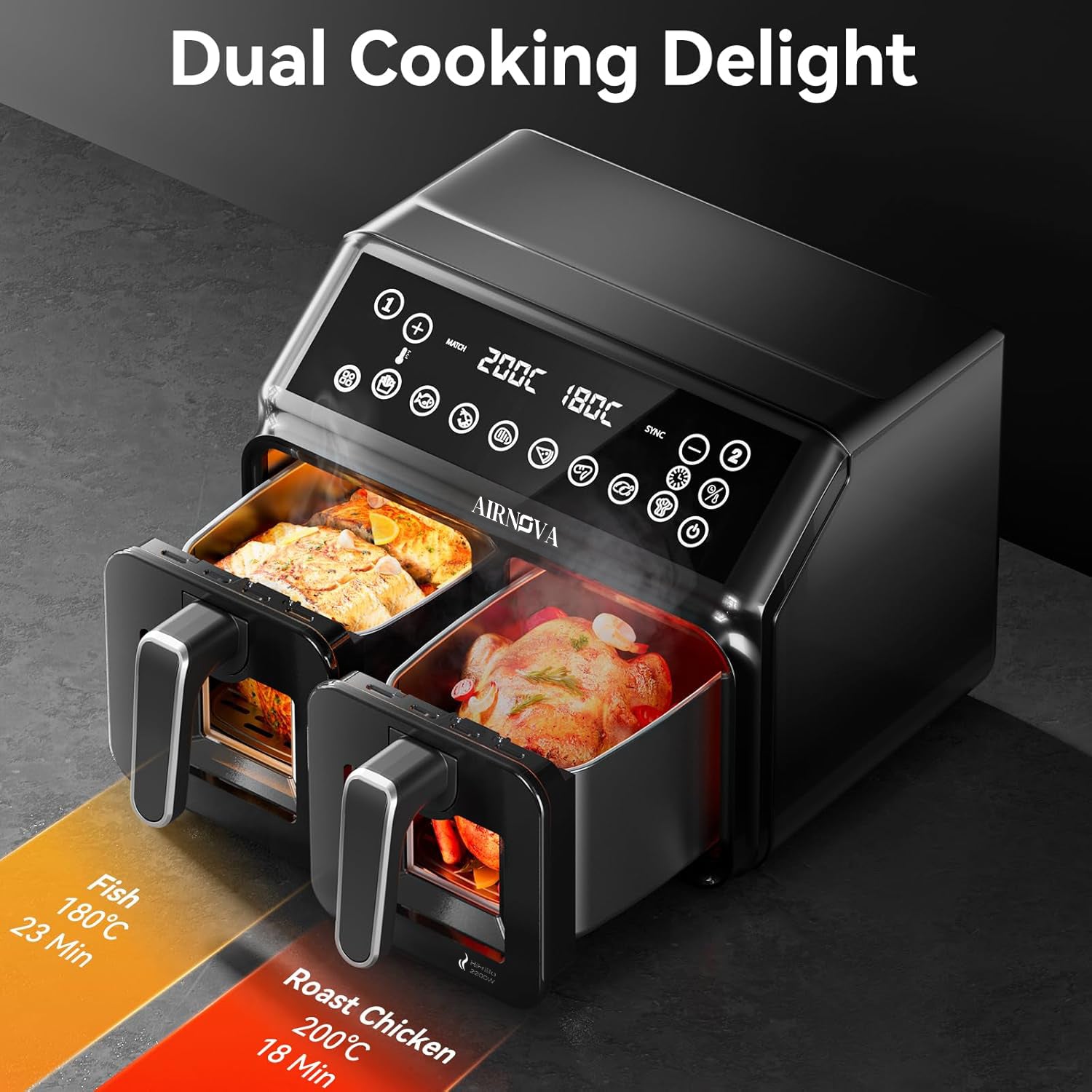 AIRNOVA® BiFritto Friggitrice ad aria 9,4L, 2200W, friggitrice ad aria calda con doppio compartimento, nera