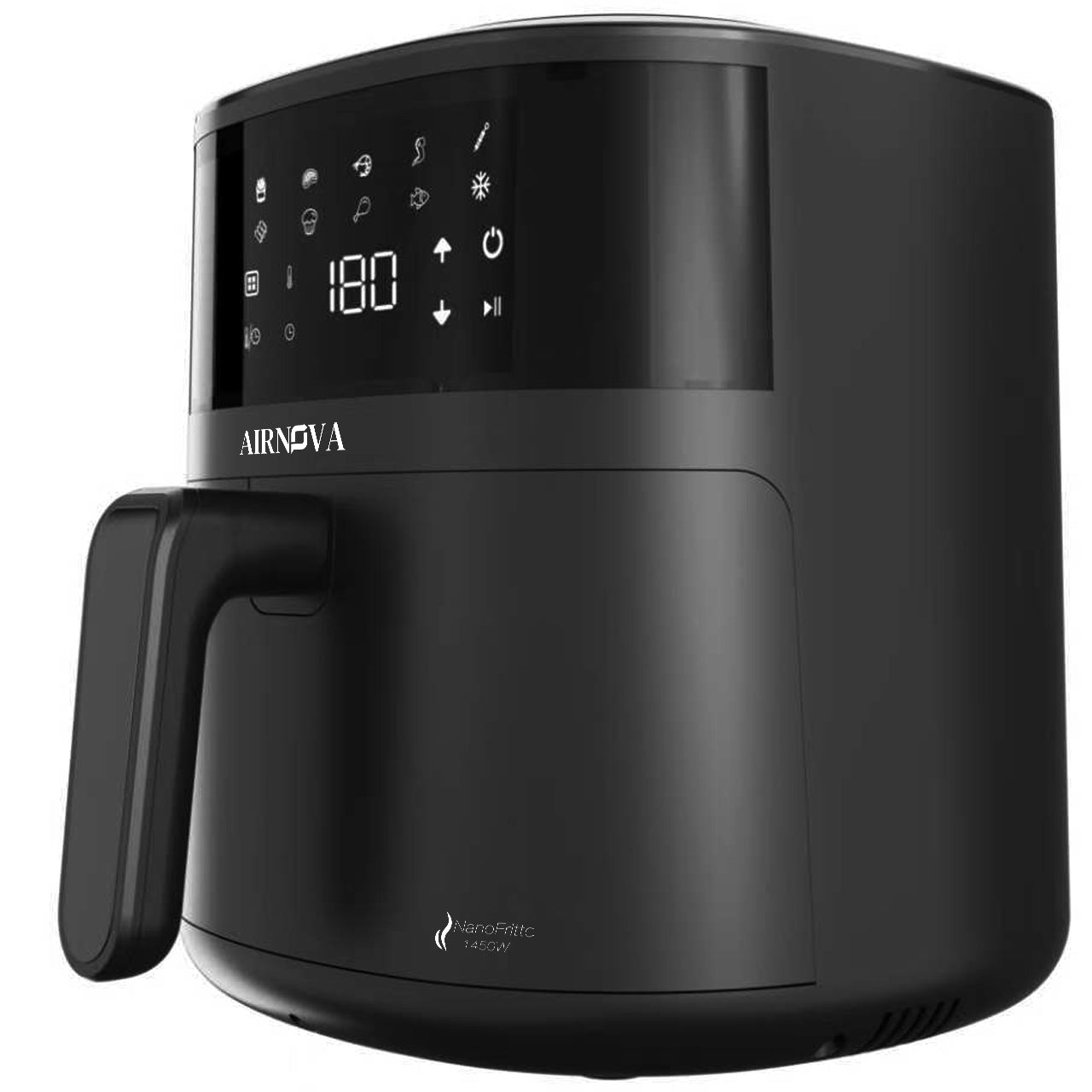 AIRNOVA® NanoFritto Friggitrice ad aria 1450W, capacità 4,8L, friggitrice automatica ad aria calda, 10 programmi preimpostati, controllo digitale, nera