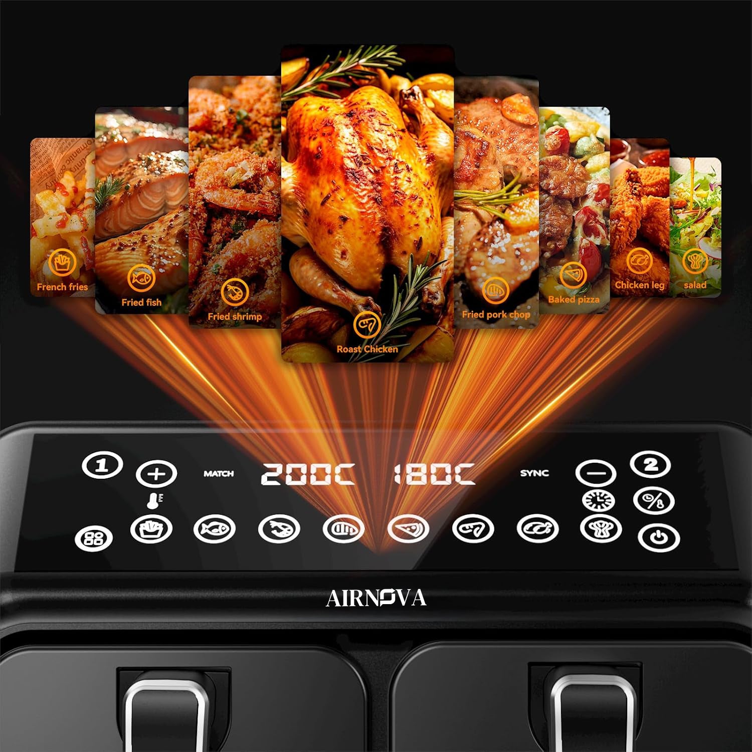 AIRNOVA® BiFritto Friggitrice ad aria 9,4L, 2200W, friggitrice ad aria calda con doppio compartimento, nera