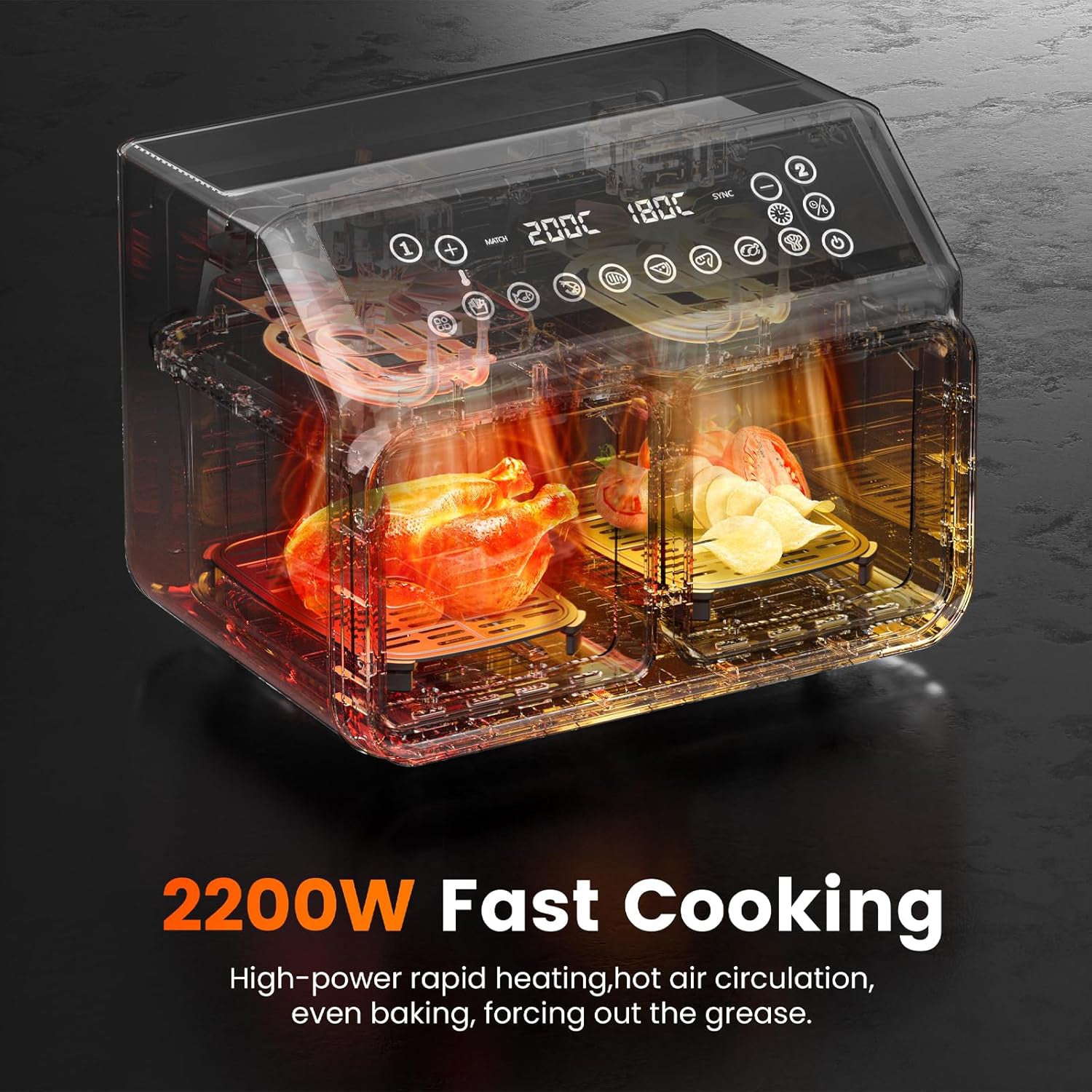 AIRNOVA® BiFritto Friggitrice ad aria 9,4L, 2200W, friggitrice ad aria calda con doppio compartimento, nera