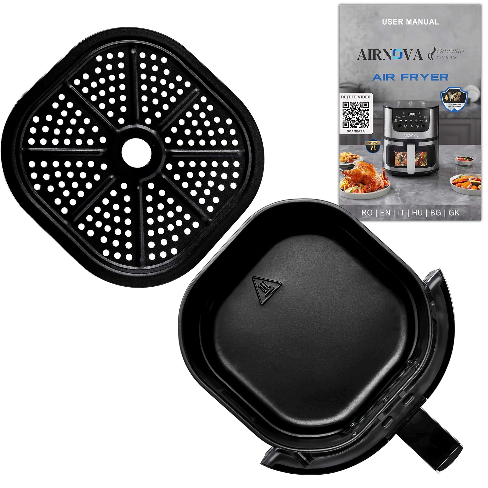 AIRNOVA® OroFritto Friggitrice ad aria 7L, 1400W, friggitrice ad aria calda, nero/acciaio inox