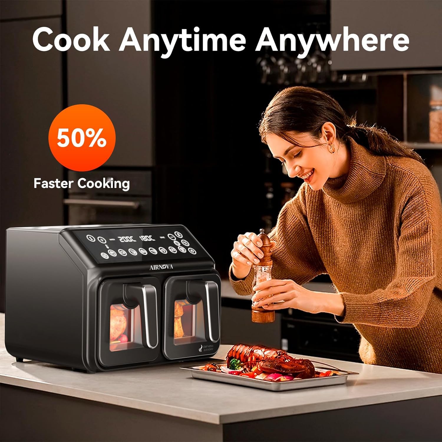AIRNOVA® BiFritto Friggitrice ad aria 9,4L, 2200W, friggitrice ad aria calda con doppio compartimento, nera