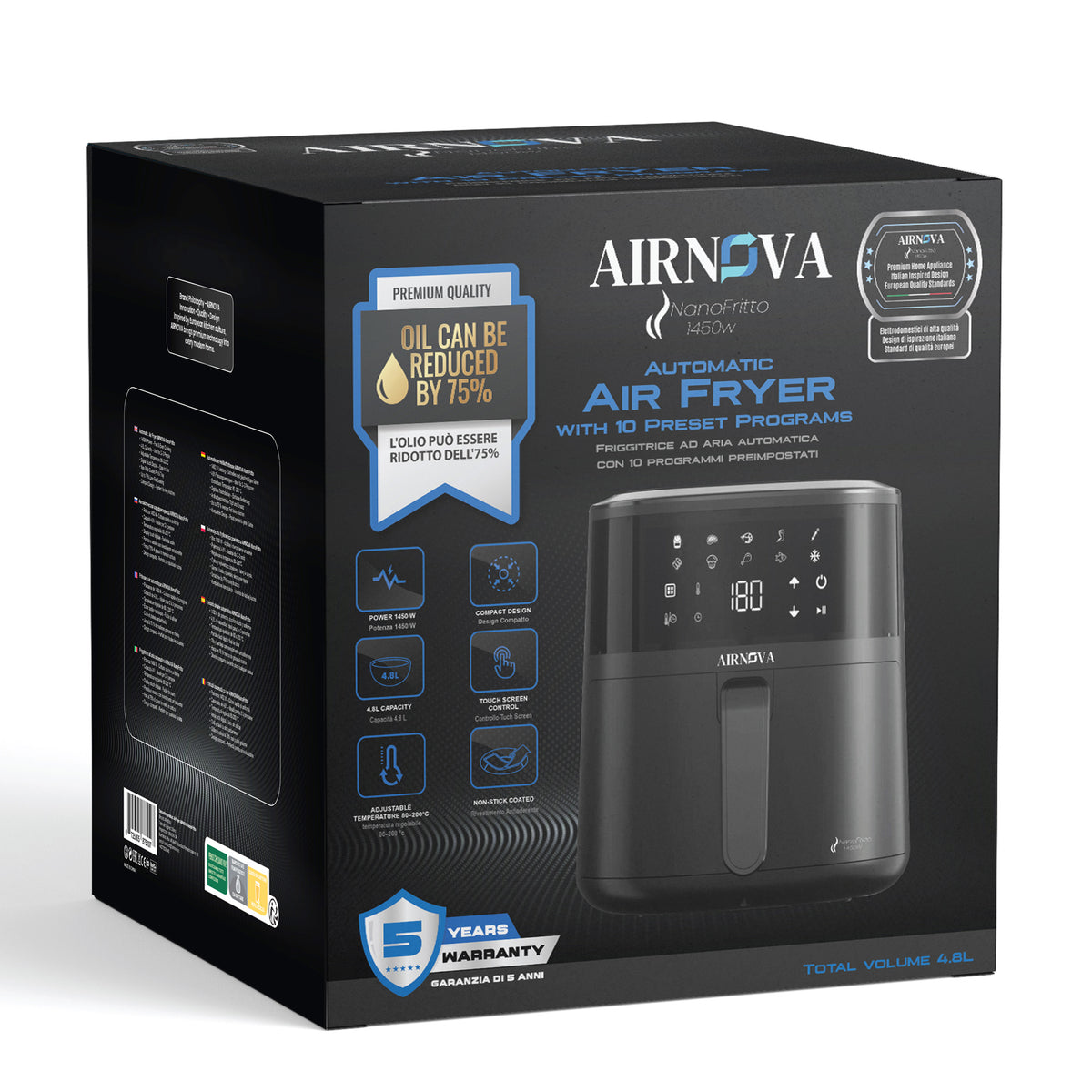AIRNOVA® NanoFritto — Friggitrice ad aria 4,8L, 1450W, 10 programmi