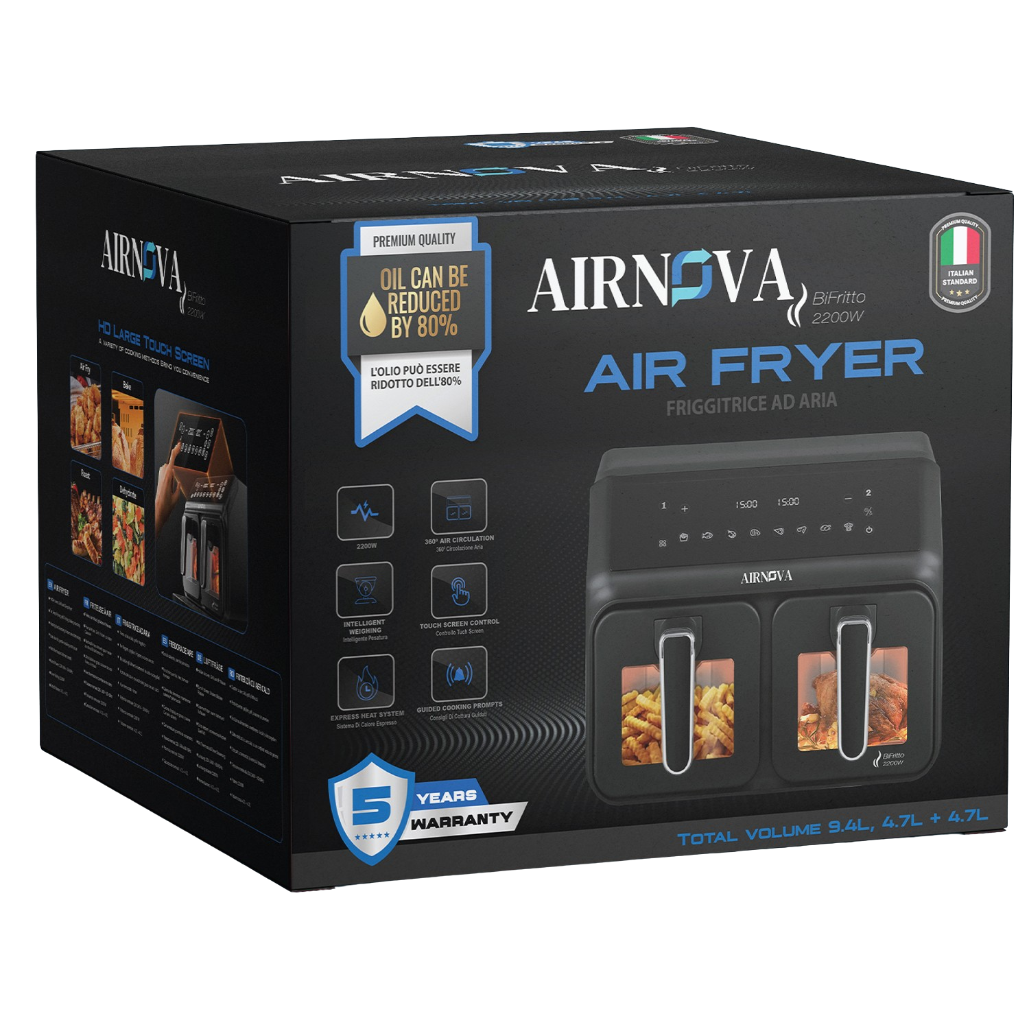 AIRNOVA® BiFritto Friggitrice ad aria 9,4L, 2200W, friggitrice ad aria calda con doppio compartimento, nera