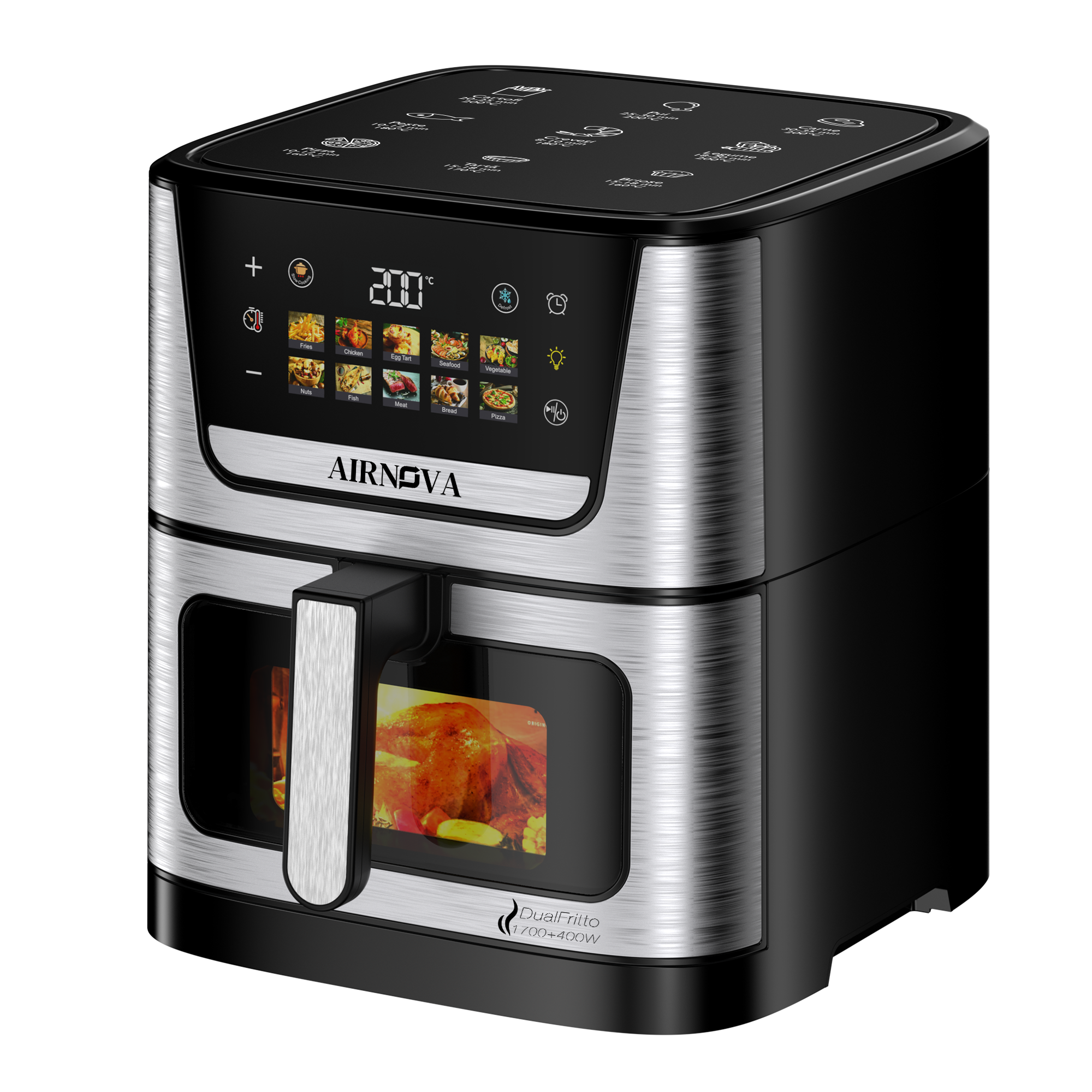 AIRNOVA® DualFritto Friggitrice ad aria 2100W (1700W superiore + 400W inferiore), capacità 9L, friggitrice ad aria calda, display digitale touch diretto, doppio riscaldamento superiore + inferiore, acciaio inox