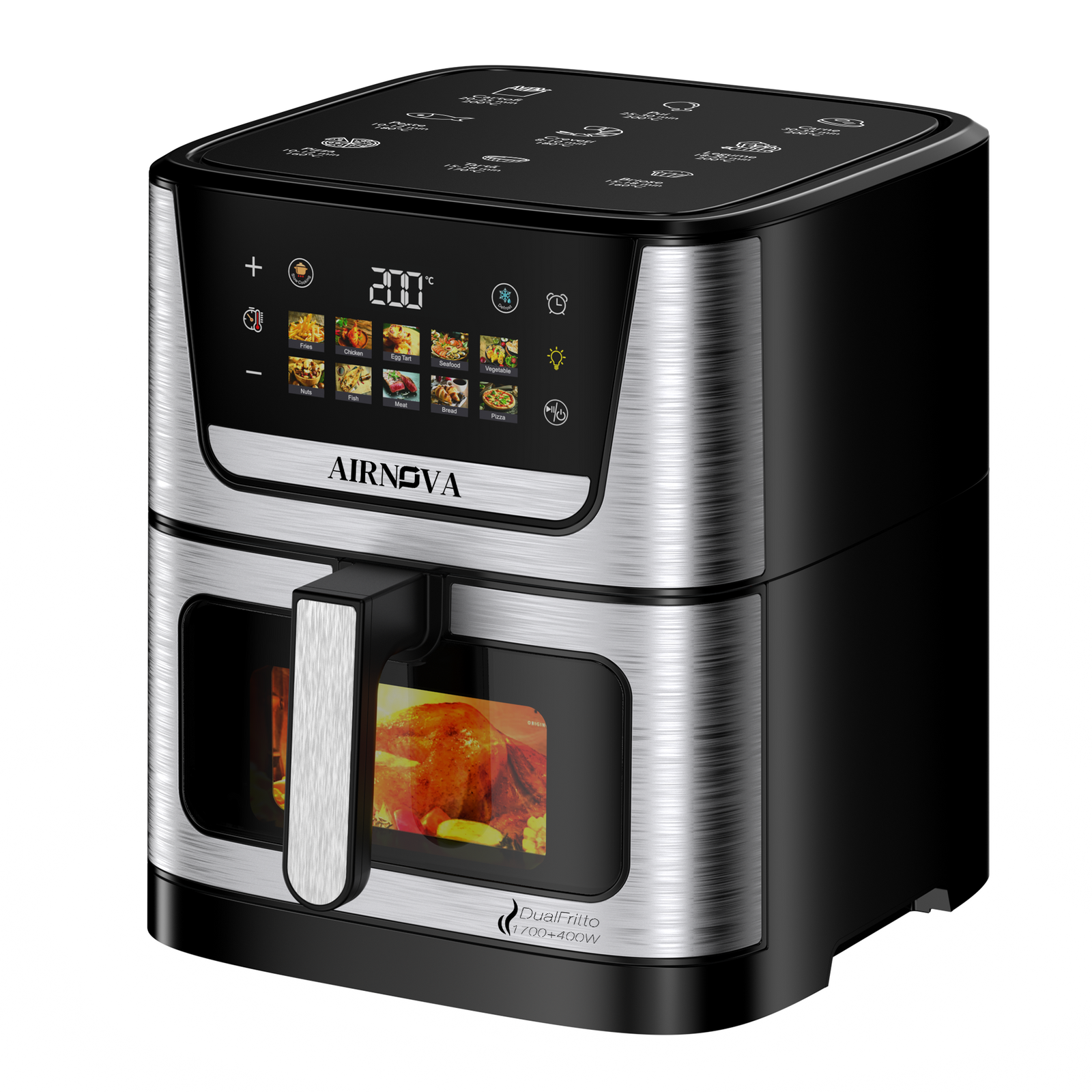 AIRNOVA® DualFritto Friggitrice ad aria 2100W (1700W superiore + 400W inferiore), capacità 9L, friggitrice ad aria calda, display digitale touch diretto, doppio riscaldamento superiore + inferiore, acciaio inox