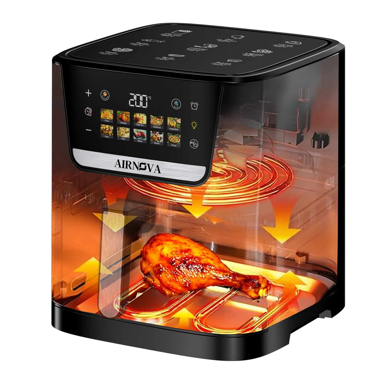 AIRNOVA® DualFritto Friggitrice ad aria 2100W (1700W superiore + 400W inferiore), capacità 9L, friggitrice ad aria calda, display digitale touch diretto, doppio riscaldamento superiore + inferiore, acciaio inox