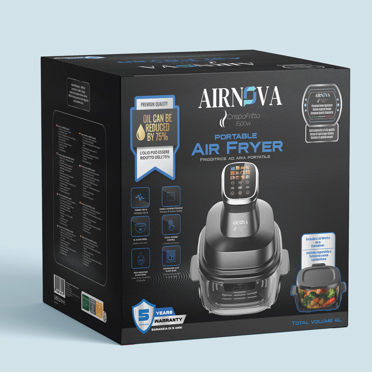 AIRNOVA® CrispoFritto — Friggitrice ad aria in vetro 4L, 1500W