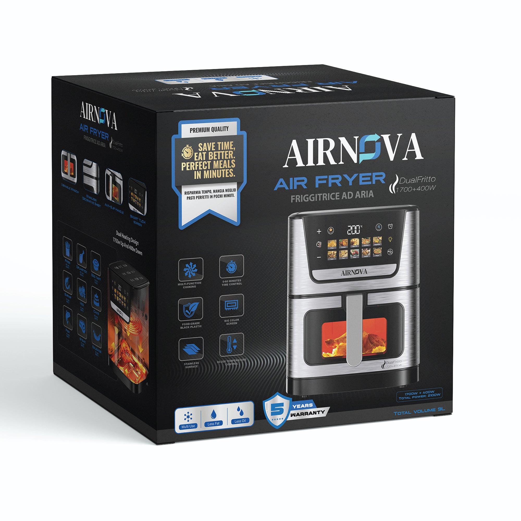 AIRNOVA® DualFritto Friggitrice ad aria 2100W (1700W superiore + 400W inferiore), capacità 9L, friggitrice ad aria calda, display digitale touch diretto, doppio riscaldamento superiore + inferiore, acciaio inox