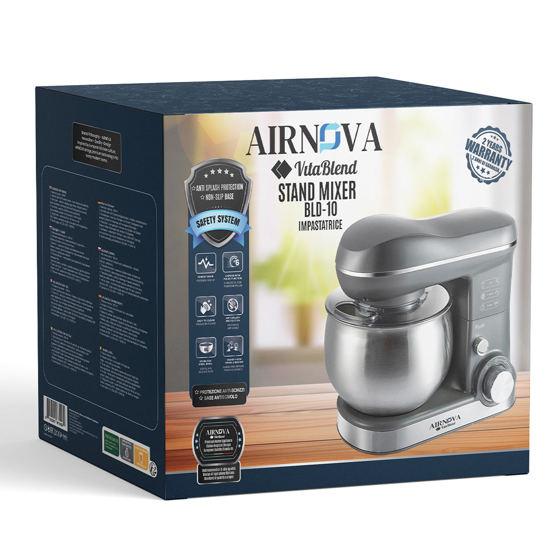 Mixer con ciotola AIRNOVA® VitaBlend BLD-10, 1800W, ciotola in acciaio inox da 5L, 3 accessori, 6 velocità, nero/inox