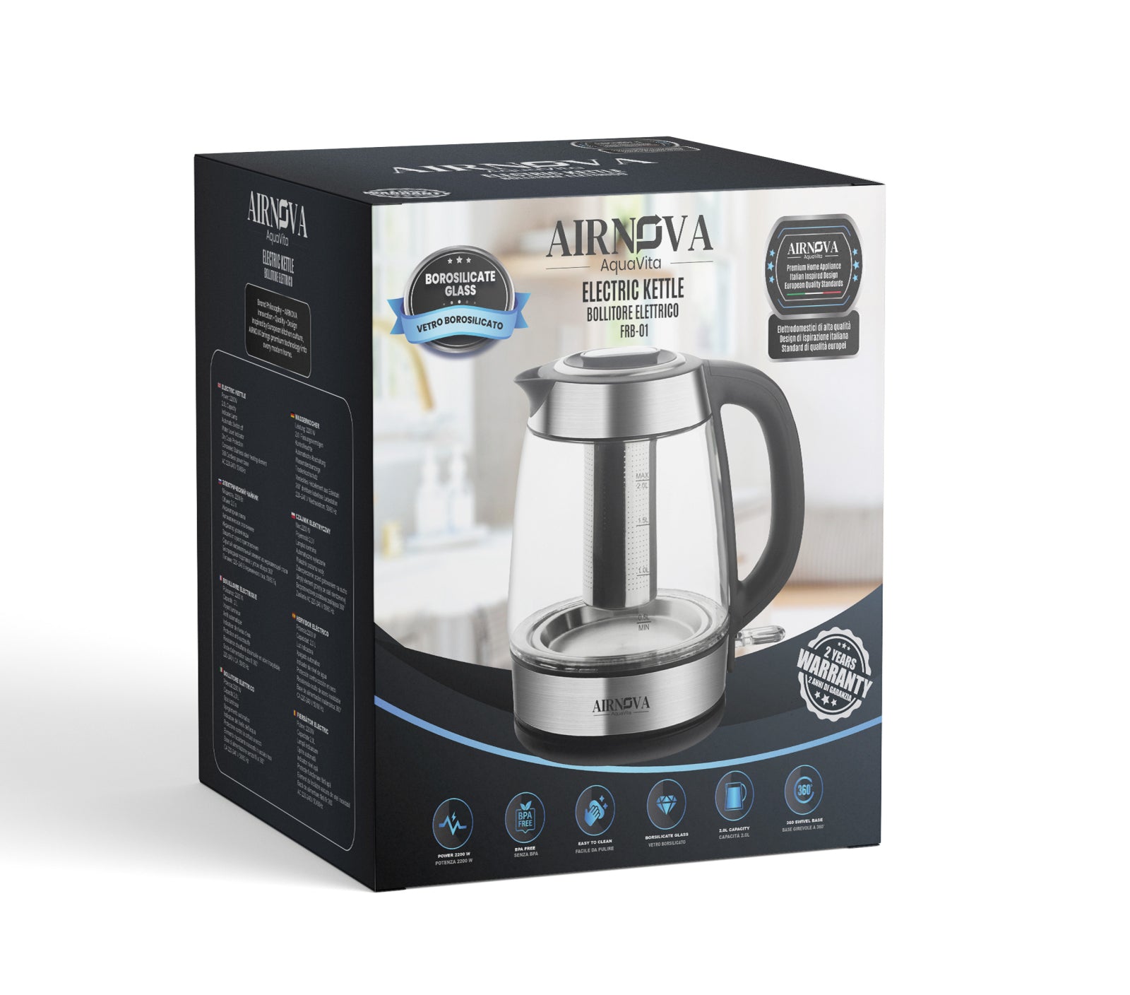 Bollitore elettrico AIRNOVA AquaVita 2200W da 2 litri con filtro per te