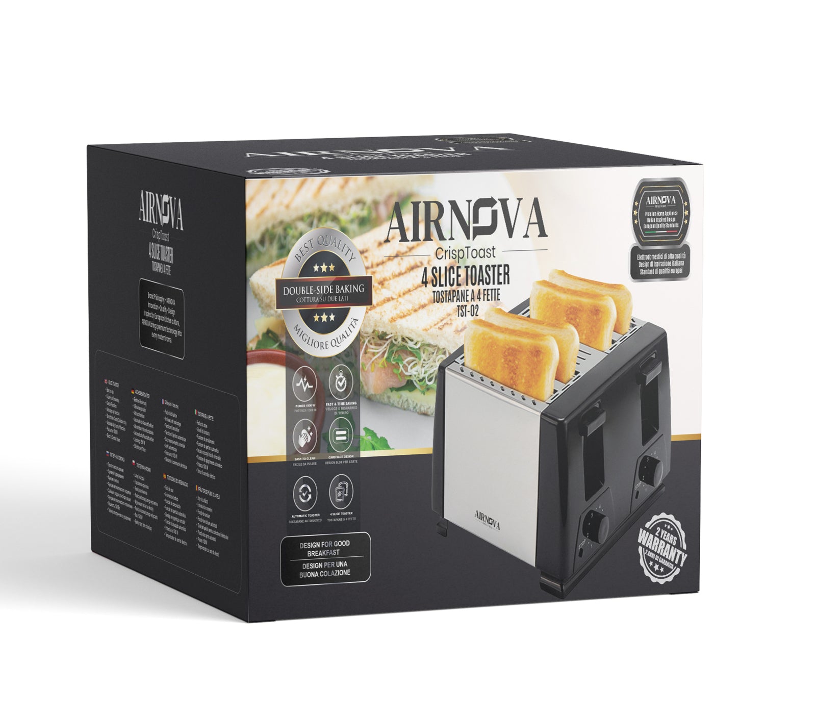 Tostapane AIRNOVA CrispToast 1500W a 4 fette nero e acciaio inox