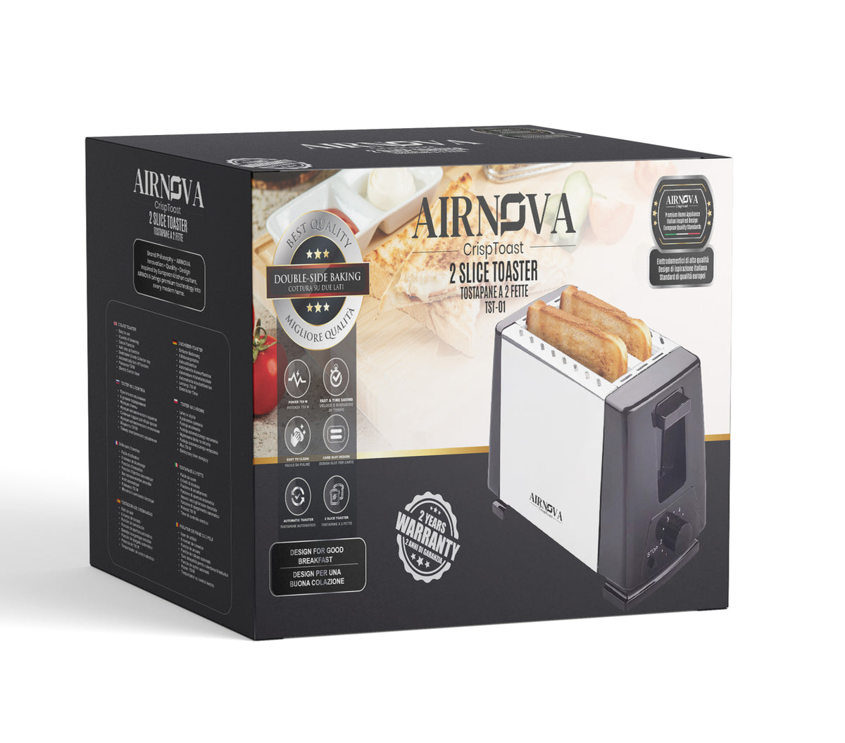 Tostapane AIRNOVA CrispToast 750W a 2 fette nero e acciaio inox